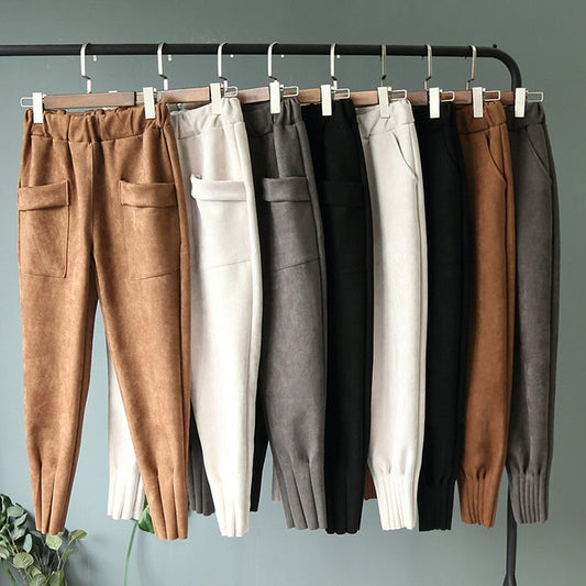 2019 Streetwear Women Pants Elastic High Waist Pockets Suede Harem Pants Casual Autumn Plus Size Trousers Women pantalones mujer TrackingMore