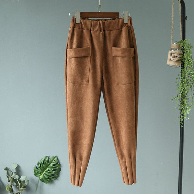 2019 Streetwear Women Pants Elastic High Waist Pockets Suede Harem Pants Casual Autumn Plus Size Trousers Women pantalones mujer TrackingMore