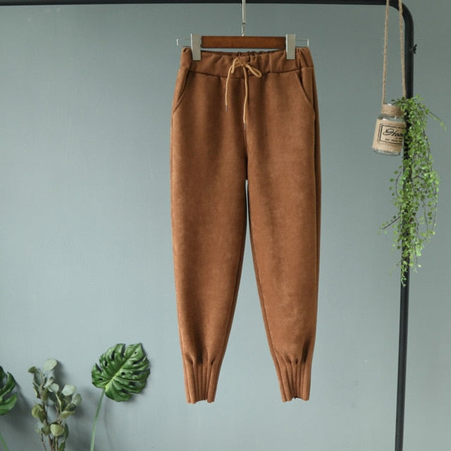 2019 Streetwear Women Pants Elastic High Waist Pockets Suede Harem Pants Casual Autumn Plus Size Trousers Women pantalones mujer TrackingMore